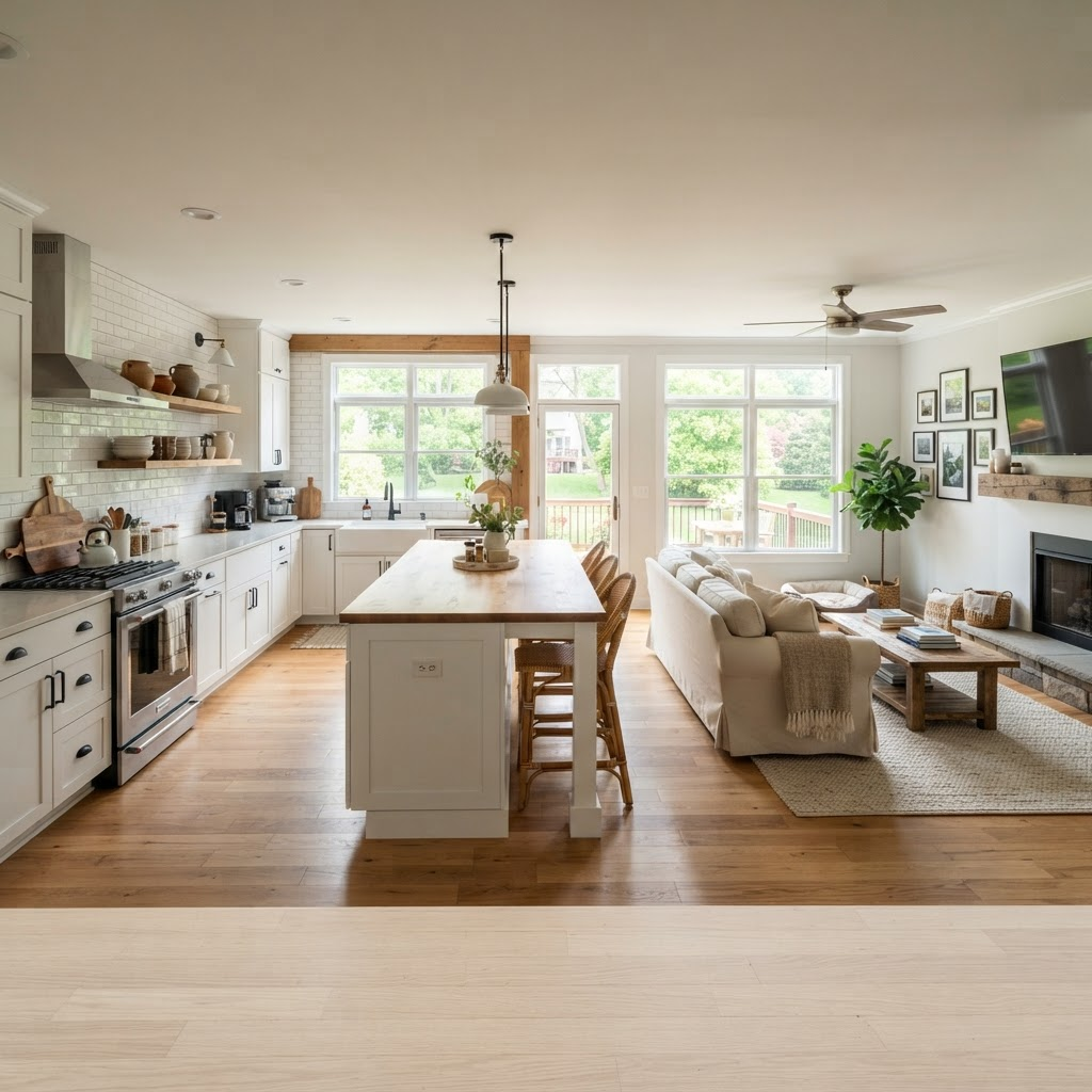 Beautifully renovated open-concept kitchen and living space in a local home