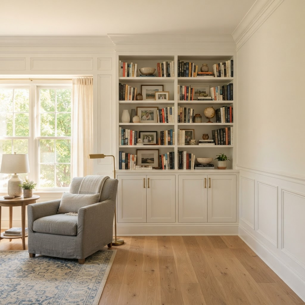 Custom carpentry built-in shelving and wainscoting