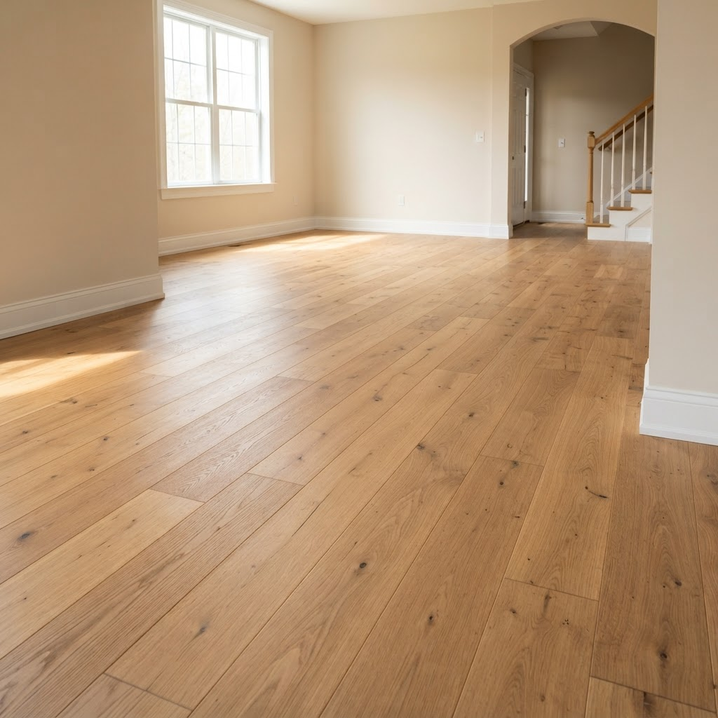 Freshly installed wide-plank hardwood flooring